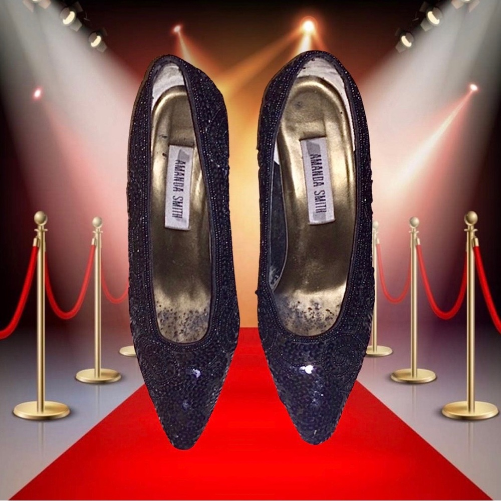 Amanda Smith Black Sequined & Beaded Pumps.
